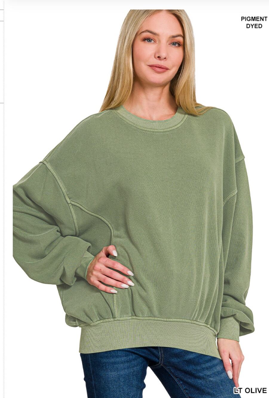 Zenana SWEATSHIRT PULLOVER LT OLIVE Pigment Dyed Oversized Batwing Pullover
